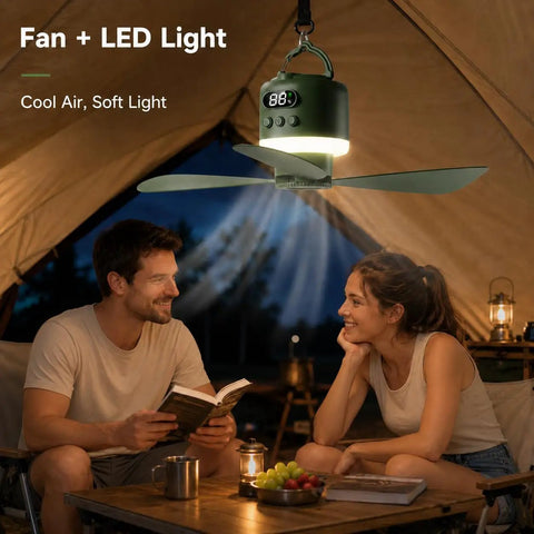 Heavy Duty 18 Inch Rechargeable Ceiling Fan With Bright Led Light And Huge 15600 mAh Battery For Gazebo Patio And Rv Camping hanging inside a tent with two people enjoying soft light.