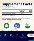 Supplement facts for Lithium Orotate 5mg Mood Support Supplement, 240 Veggie Capsules, Non GMO Gluten Free, Two Pack.