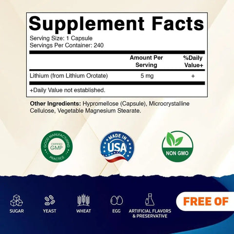 Supplement facts for Lithium Orotate 5mg Mood Support Supplement, 240 Veggie Capsules, Non GMO Gluten Free, Two Pack.