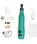 Rugged Mini Electric Grinder With Three Adjustable Speeds, green design with accessories for sanding, carving, polishing.
