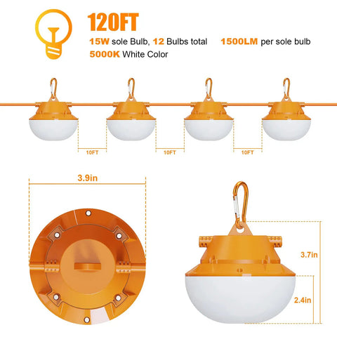 Heavy Duty 120ft Construction String Lights With 180W Work Light And 18000 Lumens Temporary Jobsite Lighting, bulb details