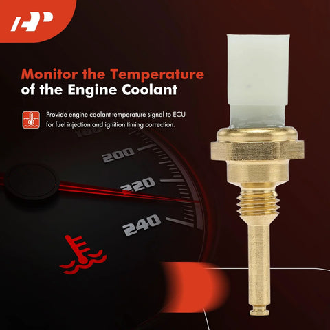 Front view of A-Premium engine coolant temperature sensor with brass body and white 2-pin connector.