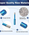 Front view: dry diamond core drill bit set, 5pcs blue with triangle shank, 6 mm (1/4 in) for porcelain tile ceramic stone granite marble