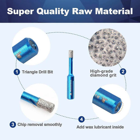 Front view: dry diamond core drill bit set, 5pcs blue with triangle shank, 6 mm (1/4 in) for porcelain tile ceramic stone granite marble