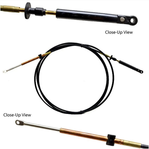Close-up views of OEM 10 Foot Remote Control Cable For Outboard Motors 173110, showing components and structure, black and copper finish.