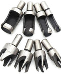 Ridiculously Tough Carbon Steel Wood Plug Cutter Drill Bits Eight Piece set with straight and tapered claw design for woodworking.