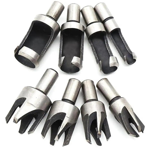 Ridiculously Tough Carbon Steel Wood Plug Cutter Drill Bits Eight Piece set with straight and tapered claw design for woodworking.