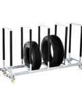 Heavy Duty Metal Rolling Tire Rack, Built Like A Rock Mobile Wheel Storage Cart with tires and padded supports.