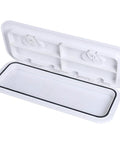 Boat hatch lid, white plastic marine grade, 24 x 9-5/8 inches, open view with gasket