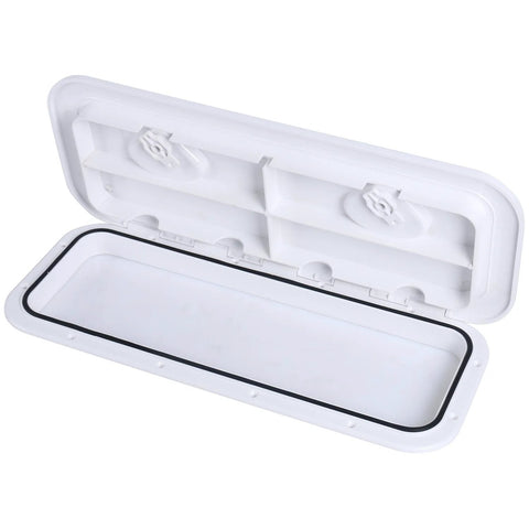 Boat hatch lid, white plastic marine grade, 24 x 9-5/8 inches, open view with gasket