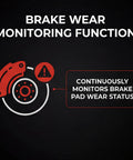 Powkos rear brake pad wear sensor front-view graphic with red caliper and rotor