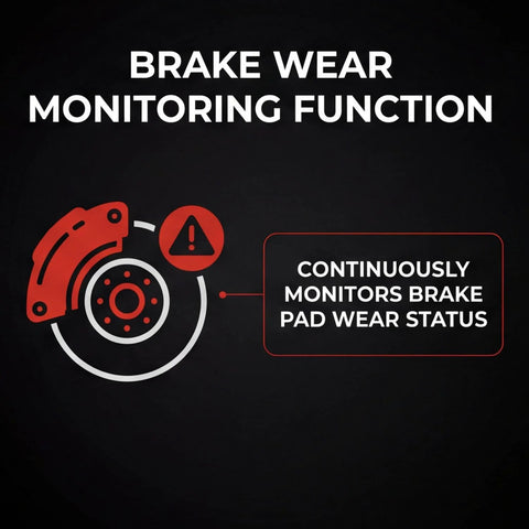 Powkos rear brake pad wear sensor front-view graphic with red caliper and rotor