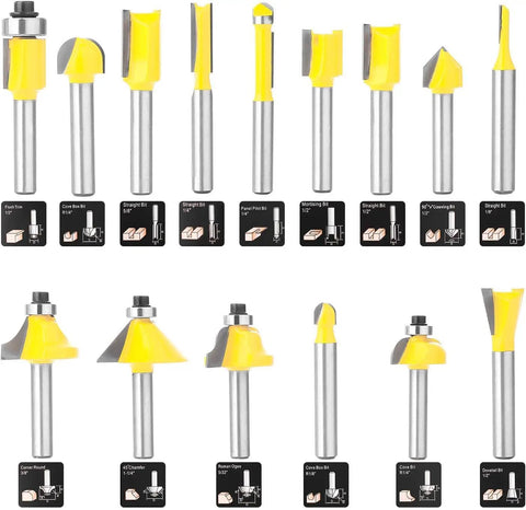 Fifteen Piece Router Bit Set With One Quarter Inch Shank For Woodworking Includes Corner Round Dovetail Bit Forty Five Chamfer Panel Pilot Bit