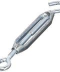 Rock Solid Zinc Plated Aluminum Hook And Eye Turnbuckle Rated For 160 Lbs Pull Load showing a zinc-coated aluminum tension adjuster.
