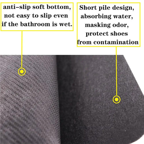 Close-up of textured anti-slip bottom and short pile design of Men Urinal Mats Twelve Pack For Bathroom Non Slip Floor Pads Under Urinal Anti Slip Ultra Absorbent And Long Lasting Black Rectangular Mats To Keep Floors Dry And Safe Easy To Clean.