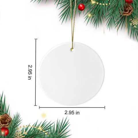 White Ceramic Ornaments Bulk Pack For Sublimation And Heat Press Printing 3 Inch Round Porcelain Ornament Blanks displayed on tree