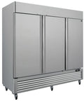 Heavy Duty Commercial Upright Freezer Convertible To Fridge 72 Cu Ft Full Size Reach In With Stainless Steel Shell and visible wheels.