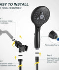 Installation steps for 7 Setting Handheld Shower Head With On Off Pause Switch, high pressure matte black, showing components.