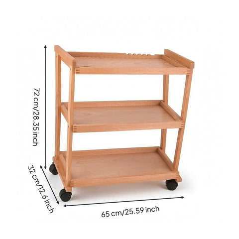Top Shelf Beech Wood Art Supply Cart With Smooth Rolling Casters Roomy Three Tier Storage Trolley Organizer Rack For Paints Brushes Sketchbooks And Studio Gear dimensions showing 72cm height, 65cm width, 32cm depth.