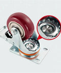 Super Smooth Rolling Heavy Duty Casters Built Tough For Heavy Loads With Roll Lock Brakes close-up of caster wheel with metal bracket and red rubber tire.