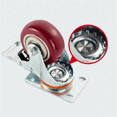 Super Smooth Rolling Heavy Duty Casters Built Tough For Heavy Loads With Roll Lock Brakes close-up of caster wheel with metal bracket and red rubber tire.