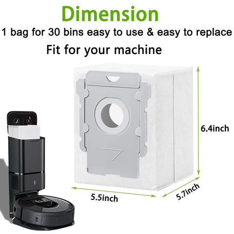 Dimensions of 22 Pack Replacement Vacuum Bags For Roomba J Series J5 J6 J7 J8 J9 S9 And I Series Clean Base shown with machine.