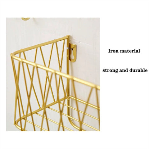 Heavy Duty Metal Wall Mounted Coat Rack features sleek hooks, showing gold iron basket for organizing items.
