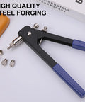 Heavy Duty Rivet Nut Tool Kit Includes Wrench Handle And Assorted Blind Nut Rivets For Car Repair Boat Building Furniture Assembly Plus Trailer Fixing Projects With Easy To Use Threaded Insert Fasteners That Make Your Work Way More Efficient. steel riveting tool with blue handles and assorted inserts