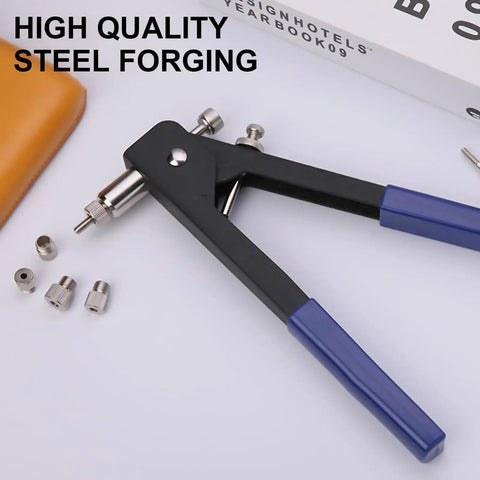 Heavy Duty Rivet Nut Tool Kit Includes Wrench Handle And Assorted Blind Nut Rivets For Car Repair Boat Building Furniture Assembly Plus Trailer Fixing Projects With Easy To Use Threaded Insert Fasteners That Make Your Work Way More Efficient. steel riveting tool with blue handles and assorted inserts