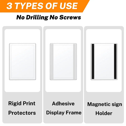 Ten Pack Magnetic Sign Holders 8.5 By 11 Inch Clear Plastic Sign Holders With Magnetic Strips And Adhesive Strips shown with 3 uses
