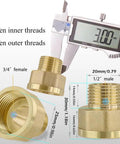 Two brass pipe fittings set: 3/4 in NPT to 1/2 in NPT reducer adapter and 3/4 in NPT x 1/2 in NPT coupling sleeve