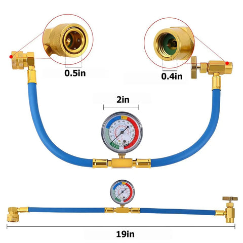 R134A Car Air Conditioning Refrigerant Charge Hose Kit With Gauge And Half Inch Dispensing Valve Aluminum Charging Hose, blue