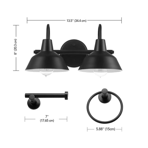 Dope Dark Academia Matte Black 3-Piece Bathroom Set With 15.5 Inch 2-Light Vanity Light Towel Ring And Toilet Paper Holder Bulb Not Included
