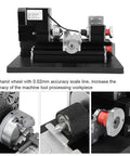 Garosa Mini Metal Lathe With 60 Watt Motor And 12000 RPM Speed for precision machining, showcasing detailed handwheel and components.
