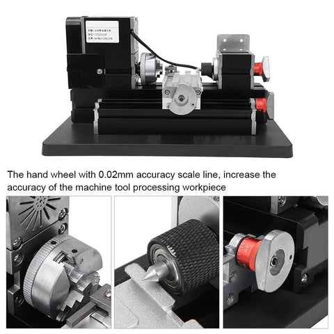 Garosa Mini Metal Lathe With 60 Watt Motor And 12000 RPM Speed for precision machining, showcasing detailed handwheel and components.