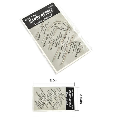 Angled front view of Topus upholstery repair sewing kit with 7 needle styles and 3 nylon thread rolls in 3 colors