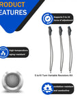 3 Pack 5 To 10 Turn Variable Resistor Kit showcasing three adjustable knobs with labels for features and resistance details.