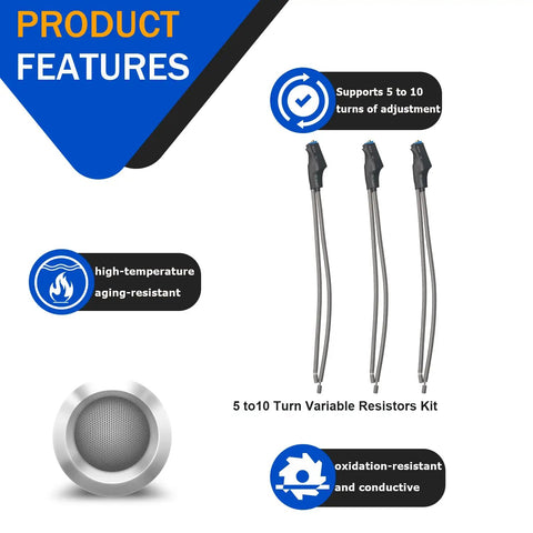 3 Pack 5 To 10 Turn Variable Resistor Kit showcasing three adjustable knobs with labels for features and resistance details.