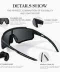 Polarized Sport Sunglasses for Men and Women, Lightweight TR90 Frames With UV400 Protection, detailed view of flexible hinges and soft rubber nose pads.