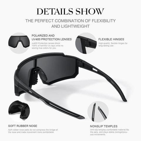 Polarized Sport Sunglasses for Men and Women, Lightweight TR90 Frames With UV400 Protection, detailed view of flexible hinges and soft rubber nose pads.