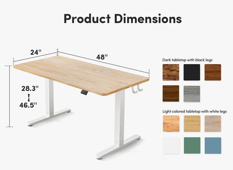 Fezibo Electric Height Adjustable Standing Desk 48 X 24 Inches showing product dimensions and color options for home office use.