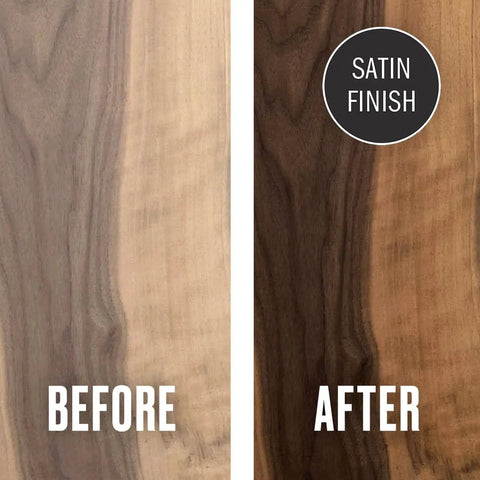 Before and after application of Food Safe Cutting Board Oil For Wood Butcher Block Kitchen Workhorse 8 Oz Bottle With Beeswax.