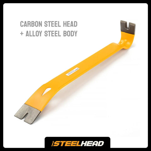Beefy 15 Inch Flat Pry Bar With Integrated Nail Puller For Demolition, Rust Resistant Enamel Finish, Forged Heat Treated Carbon Steel