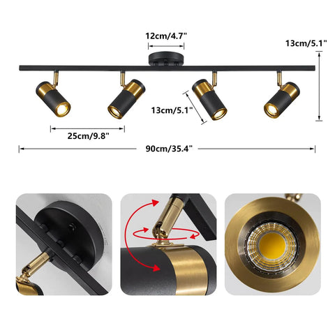 Dimensions and features of 4 Lights Matte Black Track Lighting Fixture For Ceiling, Modern Flush Mount Spotlight Kit with Adjustable Heads