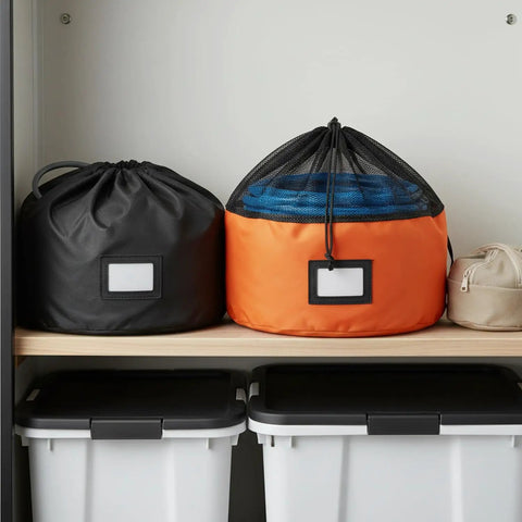 Heavy-Duty RV Water Hose Storage Bag With Secure Closure, Compact 7.9 X 7.1 Inch Organizer, orange and black, stored on shelf
