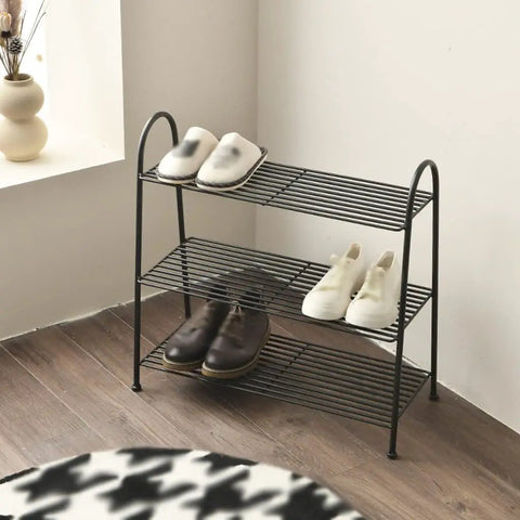 Heavy Duty Wrought Iron Shoe Rack Three Tier Floor Organizer Holds Up To A Dozen Pairs Of Your Favorite Kicks Solid No Fuss Space Saving Solution For Entryway Or Bedroom Storage Shelves In Matte Black Finish
