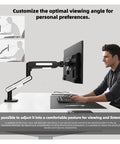 Premium Ergonomic Desk Mount Adjustable Monitor Stand With Fluid Smooth 360 Swivel Arm Fits 13 To 32 Inch Lcd Screen No Stress Easy Install, showing before and after posture adjustment.