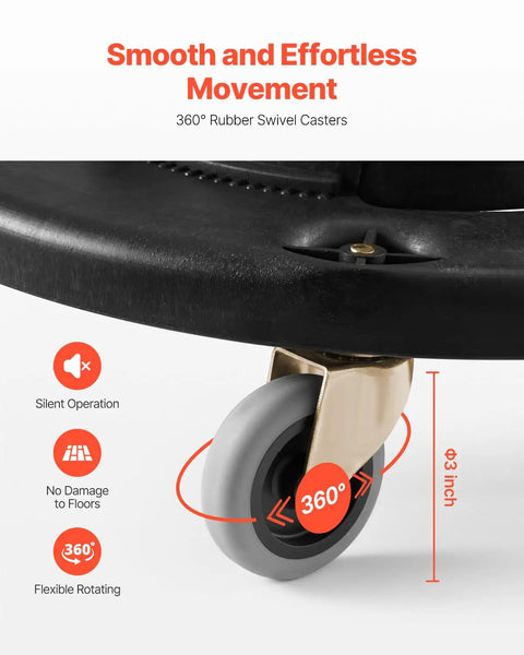 Heavy Duty Trash Can Dolly For 20 32 44 And 55 Gallon Bins Two Pack showing a close-up of 360° rubber swivel caster wheel for smooth movement.
