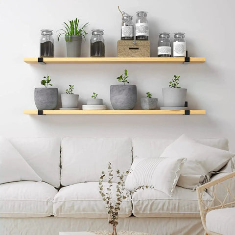 Badass Heavy Duty Metal Wall Shelf Brackets With Lip Slick Industrial Diy Floating Shelf Support System Black Anti Rust Finish 2 Pack holding plants.