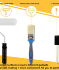 All In One 9 Piece Paint Roller Set With 9 Inch And 4 Inch Microfiber Rollers Brushes Tray Sponge Brush Sleeves For Walls Ceilings Cabinets DIY Painting Kit Pro Grade, featuring foam roller, standard brush, and foam brush.